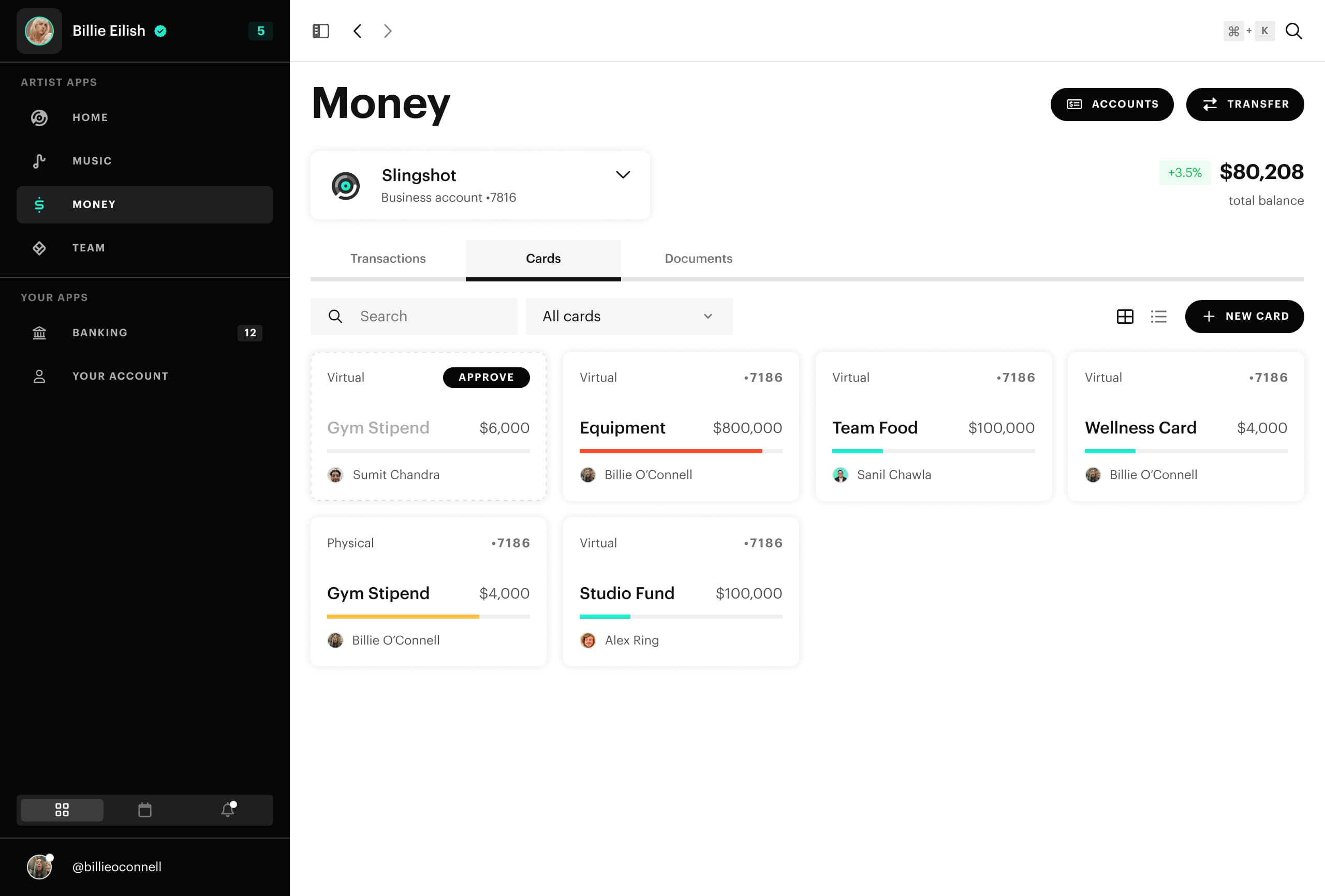 Preview of Slingshot platform, showing a dashboard with a list of transactions.